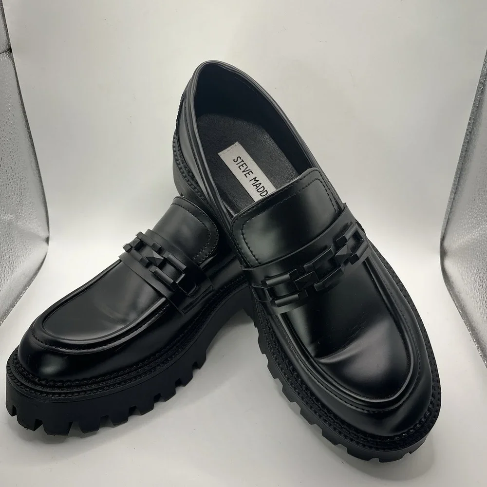 Steve Madden Women's 8 Aerin Chunky Platform Loafers Black With Plastic Chain - Picture 1 of 9